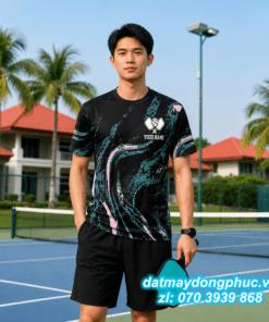 Áo Đồng Phục Pickleball Màu Đen Chi Tiết Xanh Dương