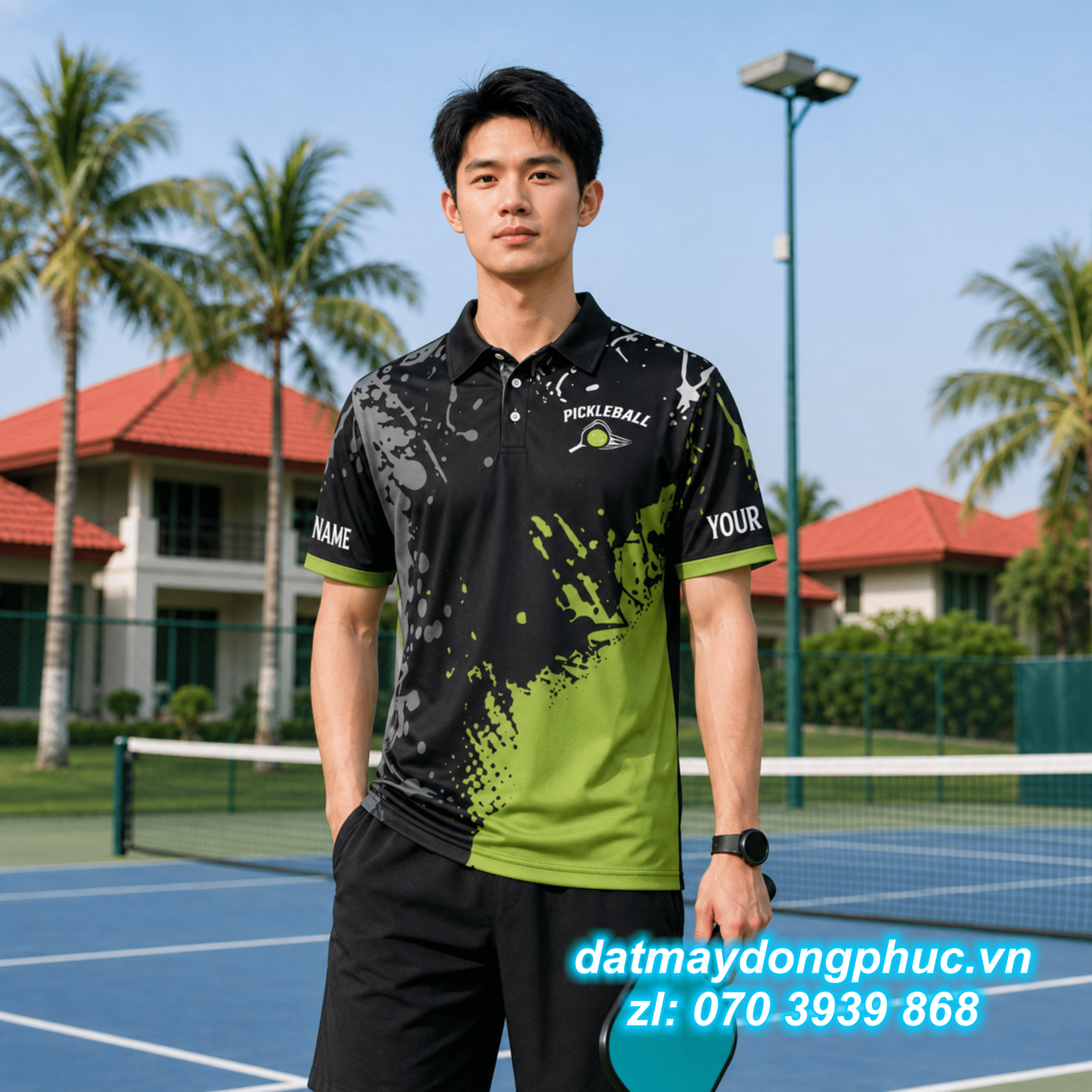 Áo Đồng Phục Pickleball Màu Đen Xanh Lá In Hình Áo Đồng Phục Pickleball Màu Đen Xanh Lá In Hình