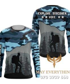 Áo thun leo núi tay dài màu xanh in hình