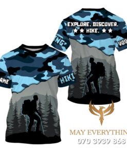 Áo thun leo núi tay ngắn màu xanh in hình