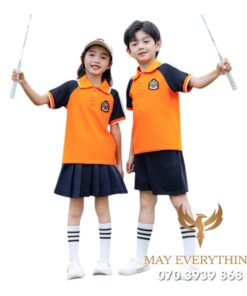 Đồng phục học sinh màu cam in logo trường