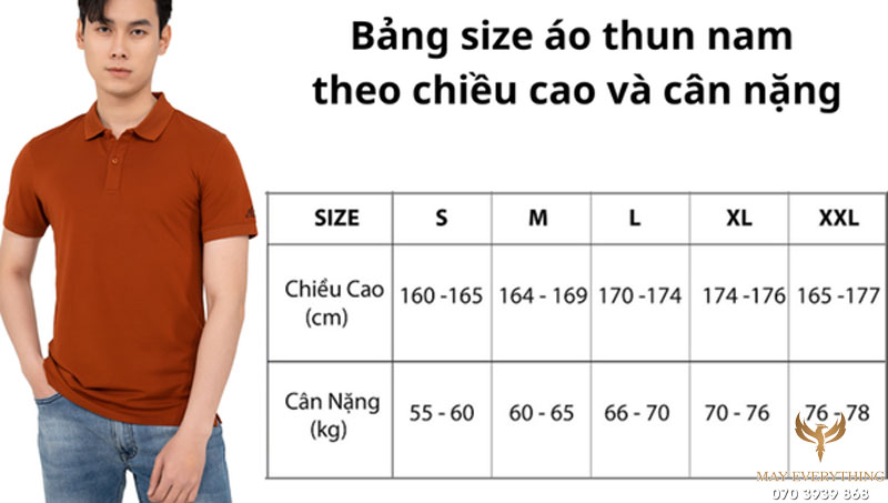 Bảng size áo thun nam và cách chọn đúng kích thước theo chiều cao, cân nặng