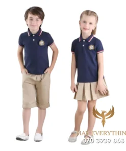 Đồng phục học sinh mầm non màu xanh đậm in logo trường