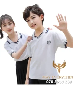 Đồng phục học sinh trắng viền đen in logo trường