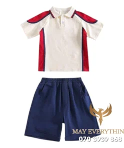 Đồng phục học sinh màu kem viền đỏ in logo trường