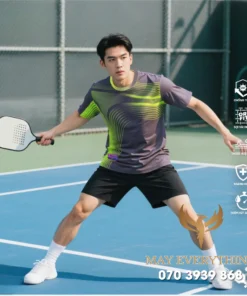 Áo Đồng Phục Pickleball Xám Viền Xanh Neon