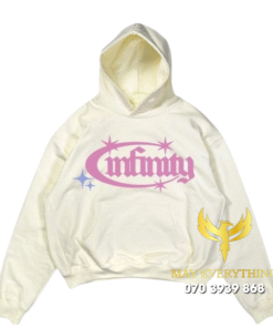 Áo hoodie màu kem in chữ hồng